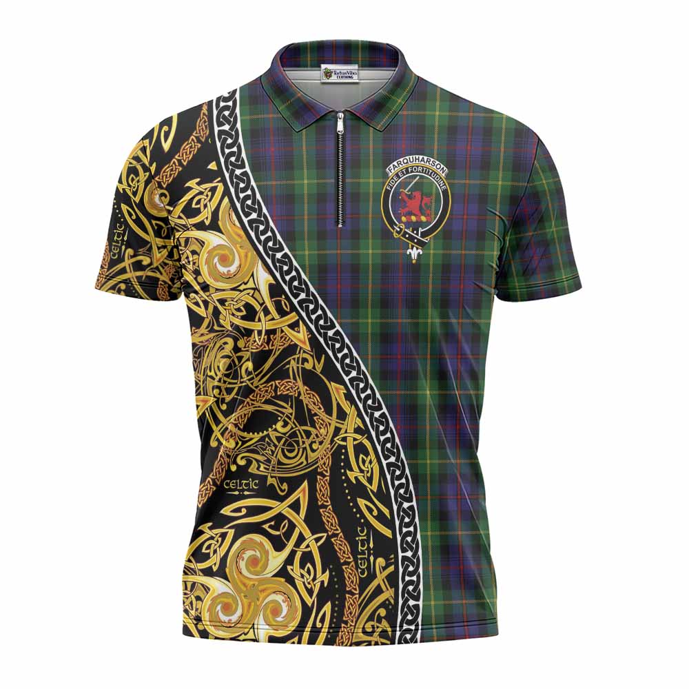 Farquharson Tartan Crest Zipper Polo Shirt Celtic Knot and Triple Trickle Spiral Symbols