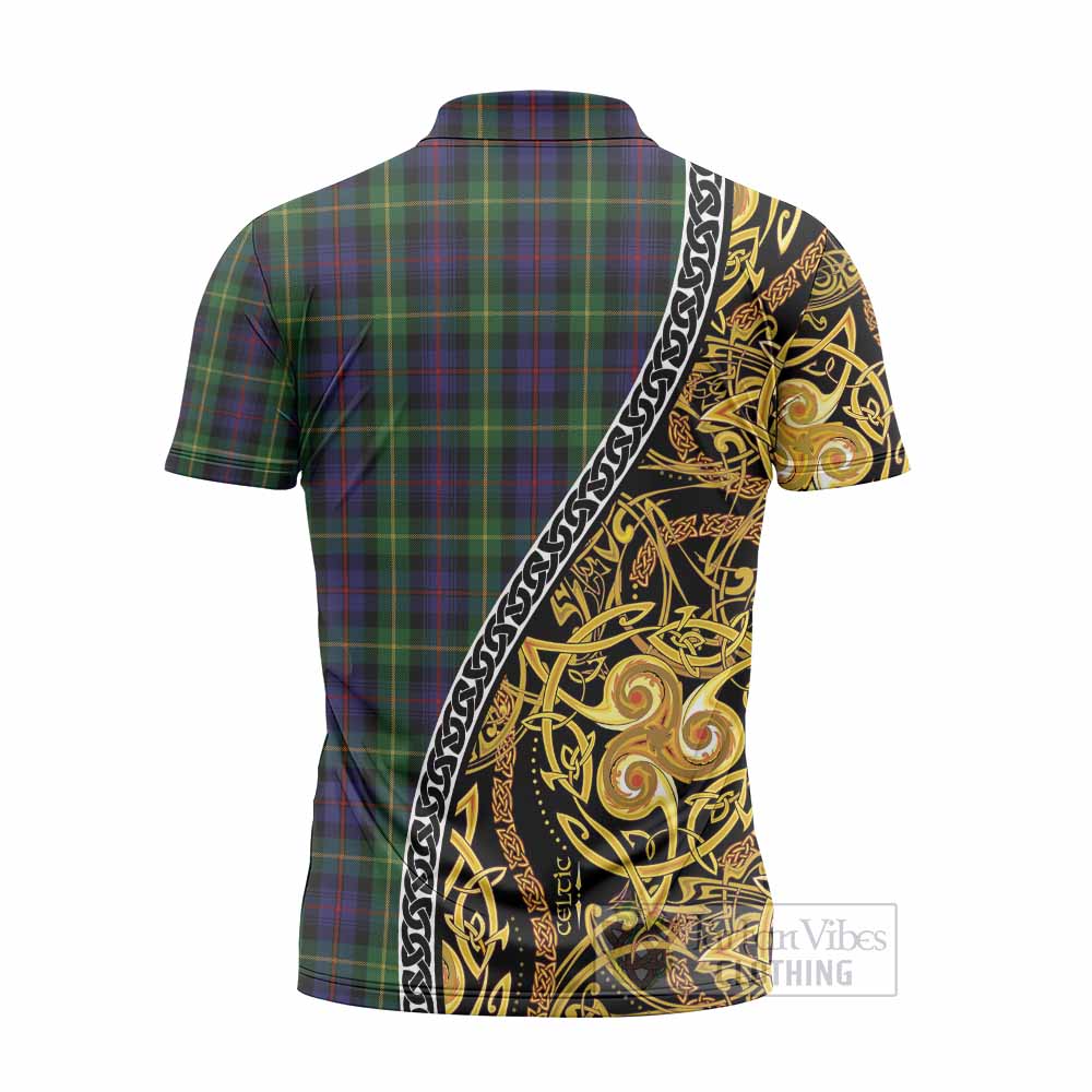 Farquharson Tartan Crest Zipper Polo Shirt Celtic Knot and Triple Trickle Spiral Symbols
