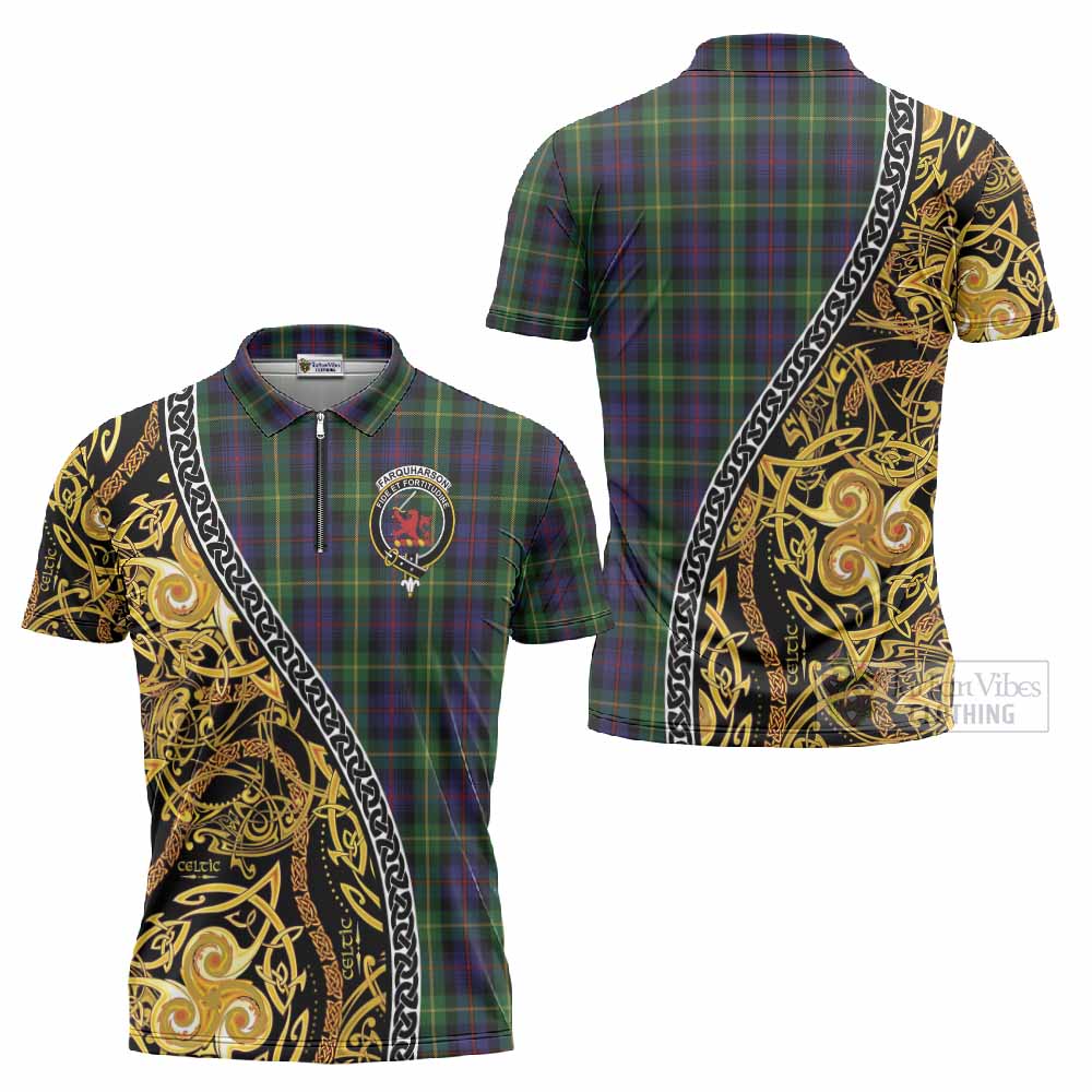 Farquharson Tartan Crest Zipper Polo Shirt Celtic Knot and Triple Trickle Spiral Symbols