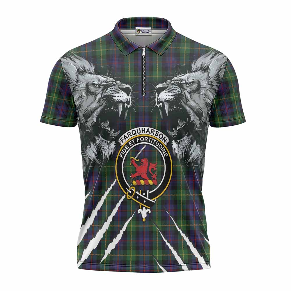 Farquharson Tartan Crest Zipper Polo Shirt Ferocious Lion Style