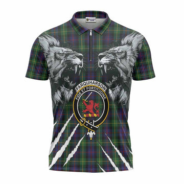 Farquharson Tartan Crest Zipper Polo Shirt Ferocious Lion Style