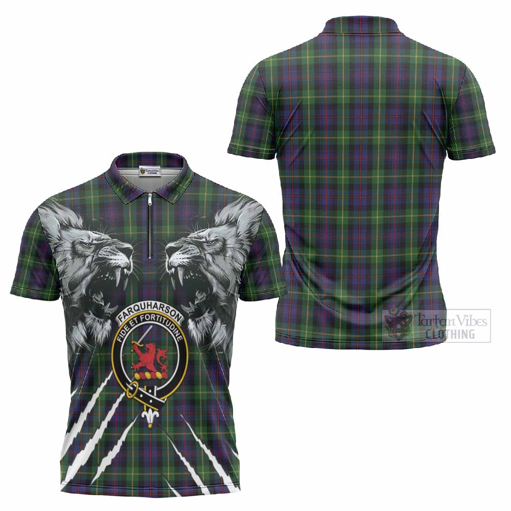 Farquharson Tartan Crest Zipper Polo Shirt Ferocious Lion Style