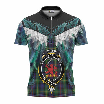 Farquharson Tartan Crest Zipper Polo Shirt New Zealand Maori Korowai Cloak