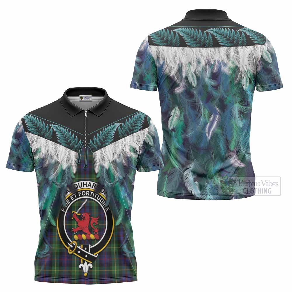 Farquharson Tartan Crest Zipper Polo Shirt New Zealand Maori Korowai Cloak