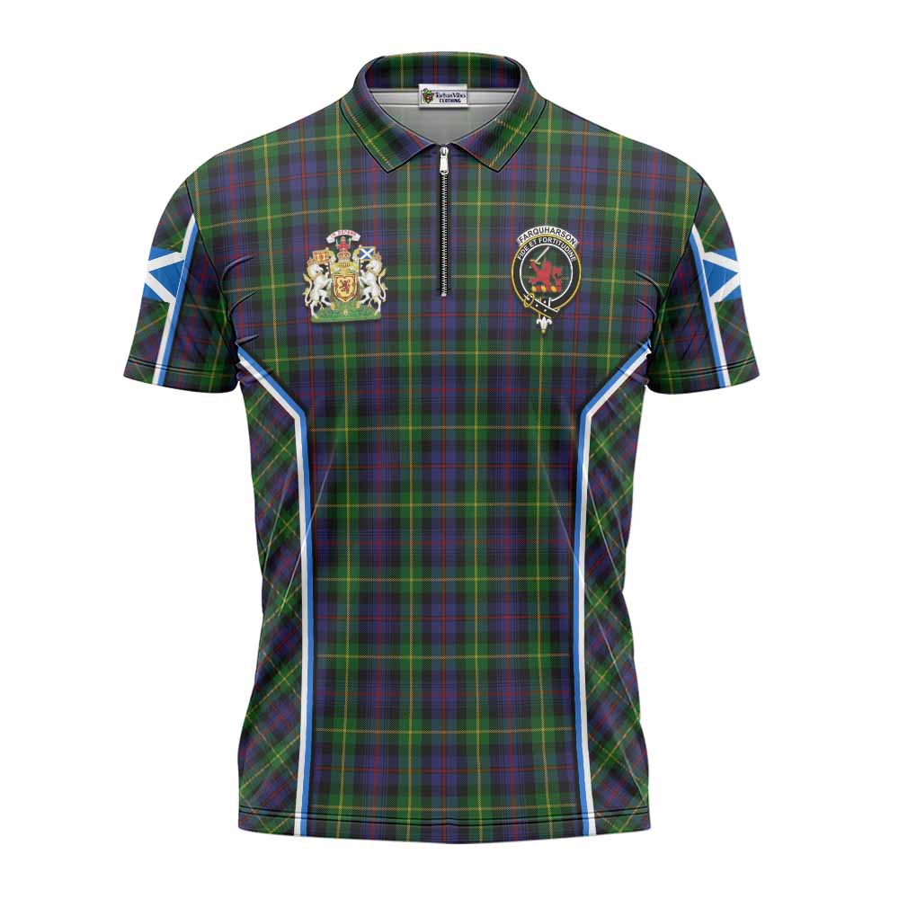 Farquharson Tartan Crest Zipper Polo Shirt Scotland Coat of Arm Flag Style - Tartan Vibes Clothing