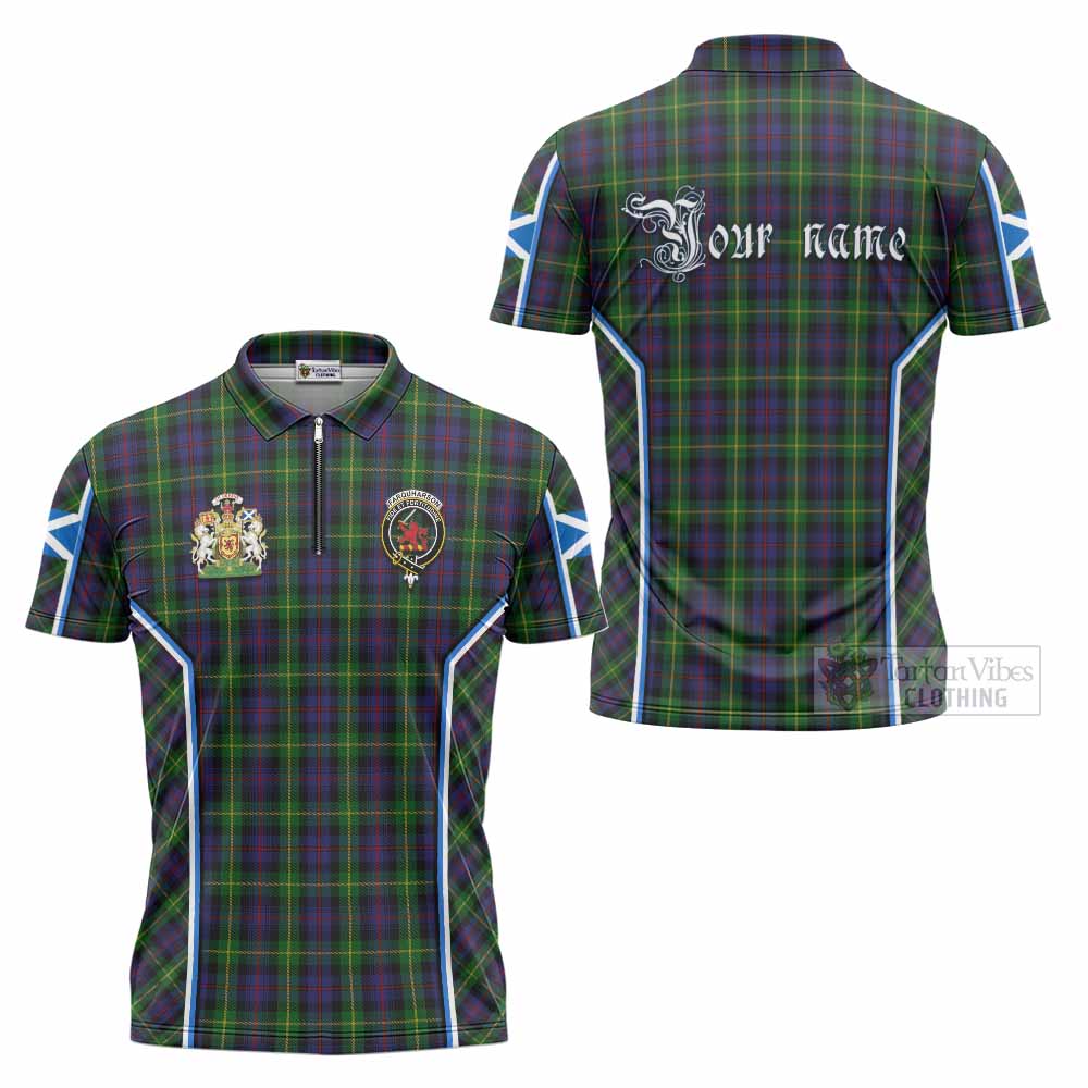 Farquharson Tartan Crest Zipper Polo Shirt Scotland Coat of Arm Flag Style - Tartan Vibes Clothing
