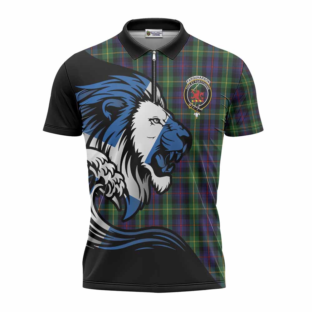 Farquharson Tartan Crest Zipper Polo Shirt Scottish Golden Lions Wave Flow