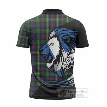 Farquharson Tartan Crest Zipper Polo Shirt Scottish Golden Lions Wave Flow