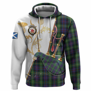 Farquharson Tartan Family Crest Hoodie Bagpipes with Scottish Thistle