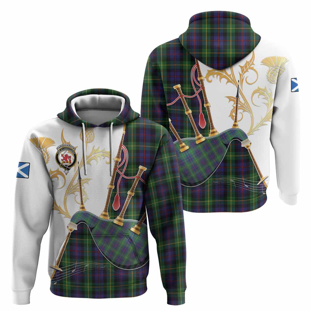 Farquharson Tartan Family Crest Hoodie Bagpipes with Scottish Thistle