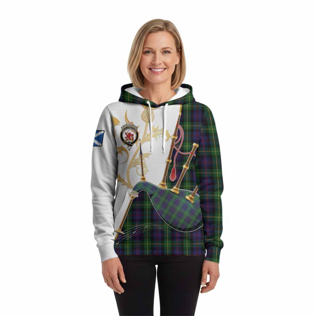 Farquharson Tartan Family Crest Hoodie Bagpipes with Scottish Thistle