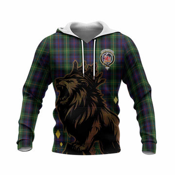 Farquharson Tartan Family Crest Knitted Hoodie Crowned Lion Roaring
