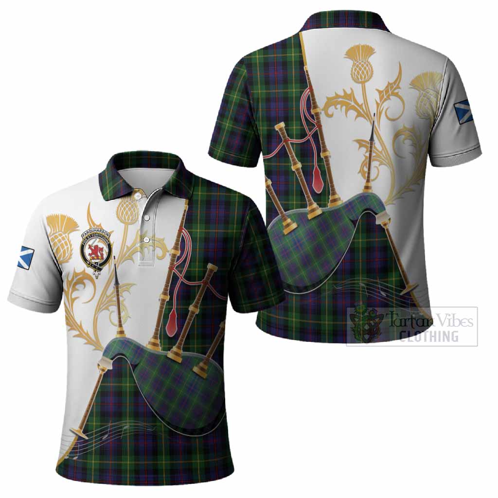 Farquharson Tartan Family Crest Polo Shirt Bagpipes with Scottish Thistle