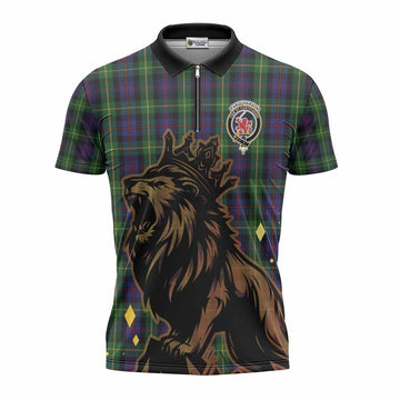Farquharson Tartan Family Crest Zipper Polo Shirt Crowned Lion Roaring