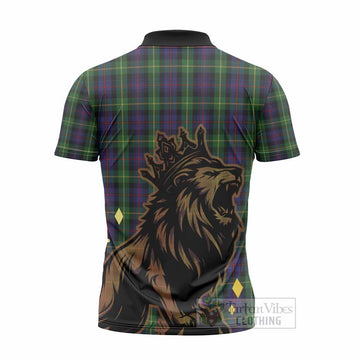 Farquharson Tartan Family Crest Zipper Polo Shirt Crowned Lion Roaring