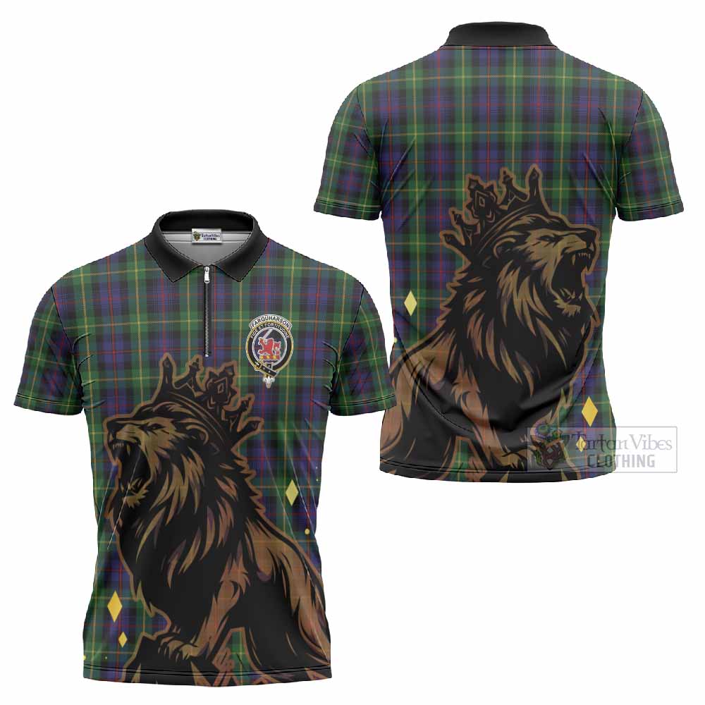 Farquharson Tartan Family Crest Zipper Polo Shirt Crowned Lion Roaring
