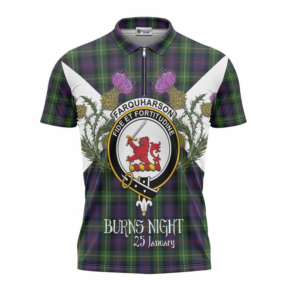 Farquharson Tartan Family Crest Zipper Polo Shirt Scottish Burns Night Thistle Floral