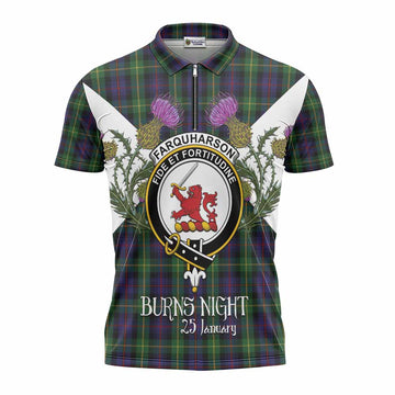 Farquharson Tartan Family Crest Zipper Polo Shirt Scottish Burns Night Thistle Floral