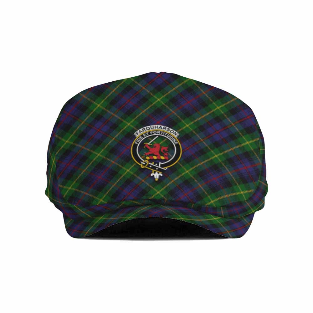 Farquharson Tartan Flat Cap, Jeff Cap Cross Style with Family Crest - Tartan Vibes Clothing