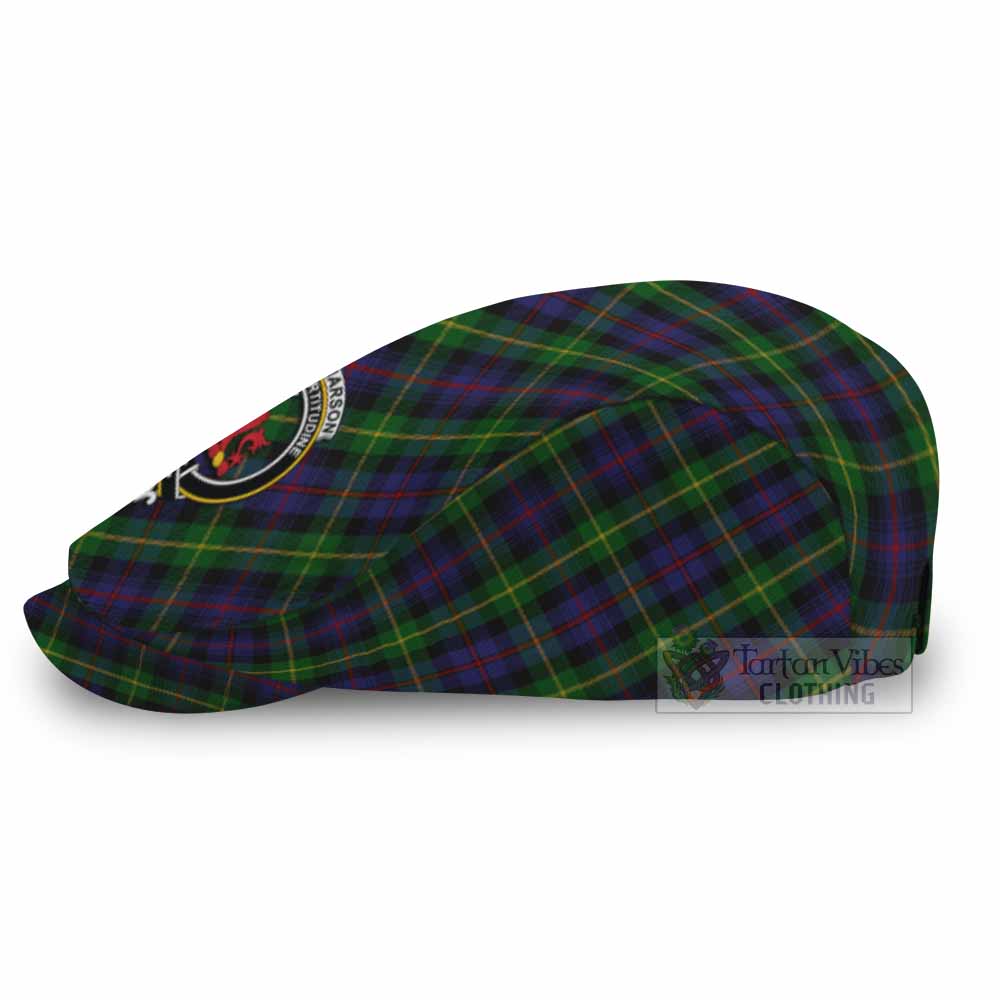 Farquharson Tartan Flat Cap, Jeff Cap Cross Style with Family Crest - Tartan Vibes Clothing
