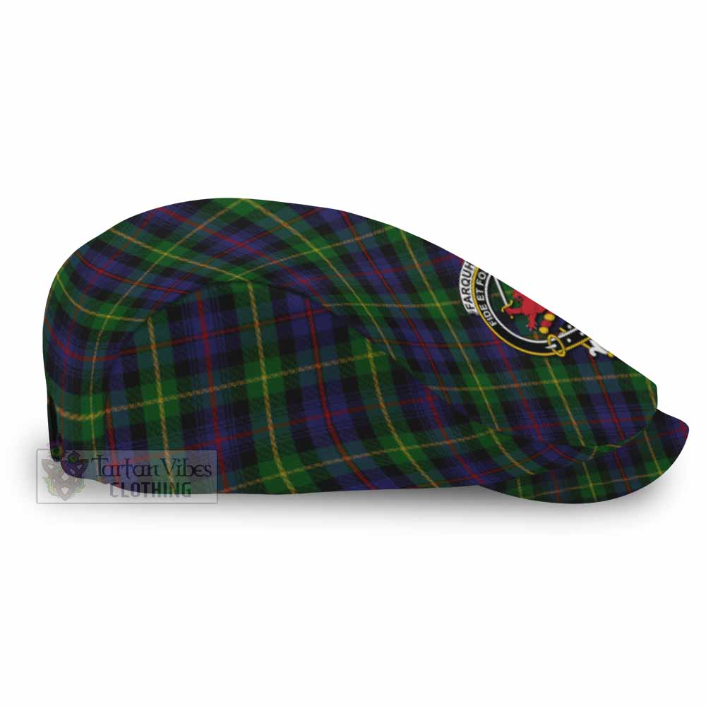 Farquharson Tartan Flat Cap, Jeff Cap Cross Style with Family Crest - Tartan Vibes Clothing