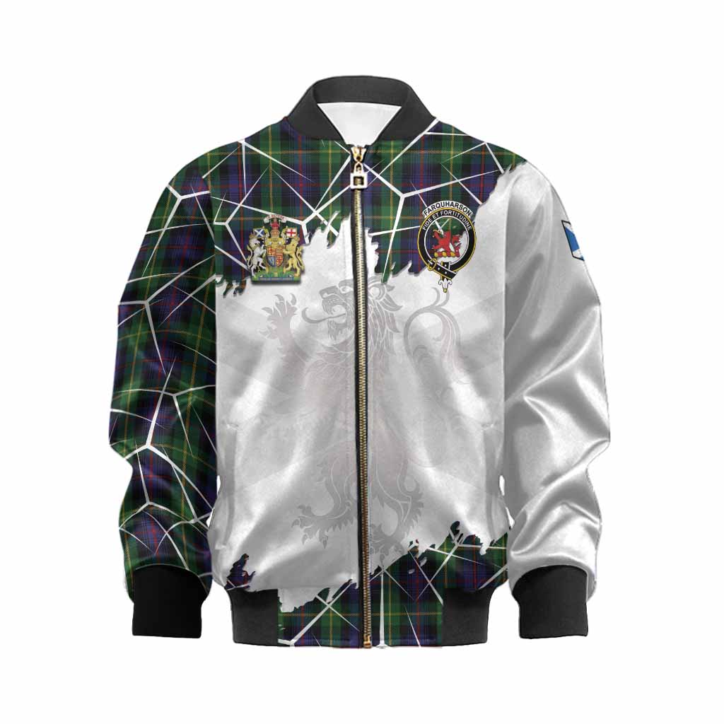 Farquharson Tartan Kid Bomber Jacket with Family Crest and Lion Rampant Grunge Style