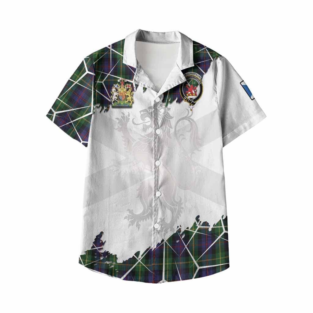 Farquharson Tartan Kid Hawaiian Shirt with Family Crest and Lion Rampant Grunge Style
