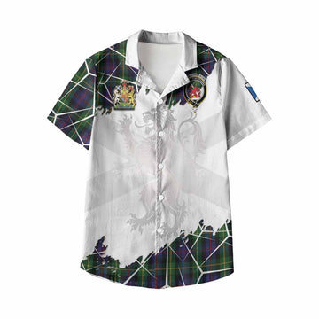 Farquharson Tartan Kid Hawaiian Shirt with Family Crest and Lion Rampant Grunge Style