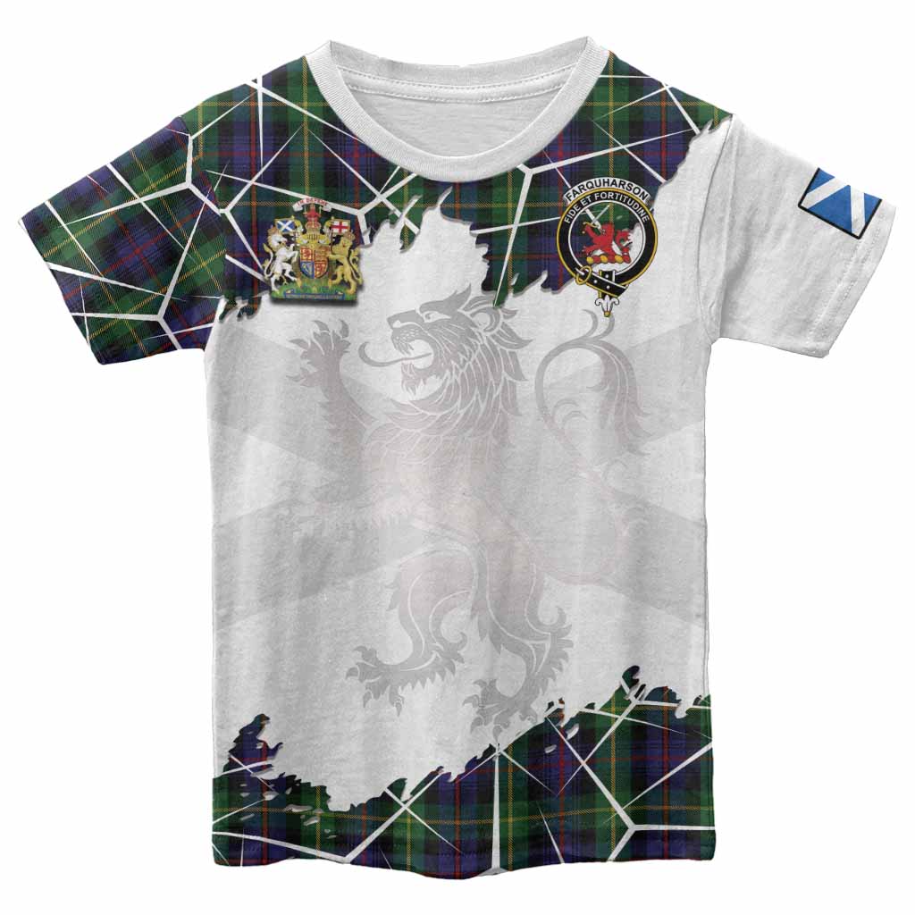 Farquharson Tartan Kid T-shirt with Family Crest and Lion Rampant Grunge Style