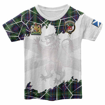 Farquharson Tartan Kid T-shirt with Family Crest and Lion Rampant Grunge Style