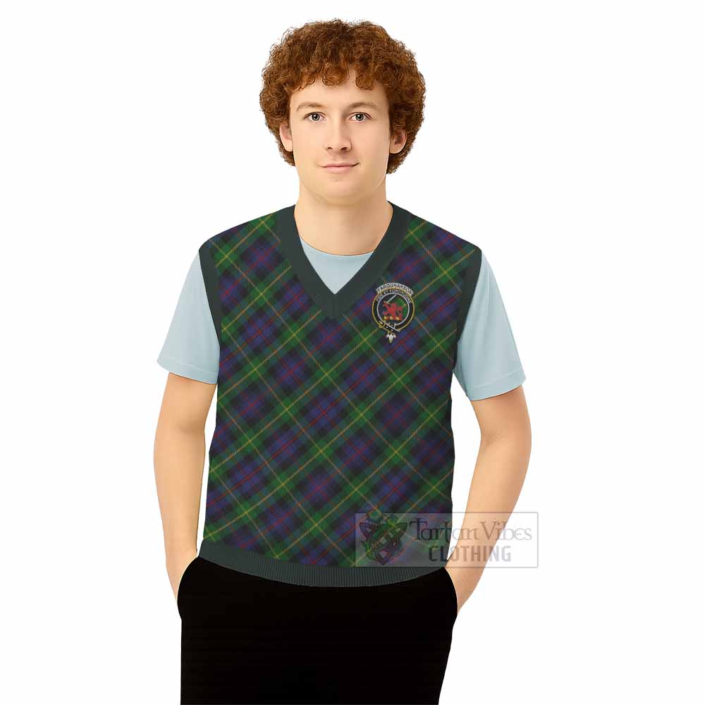 Farquharson Tartan Knitted V-Neck Vest with Family Crest Cross Style