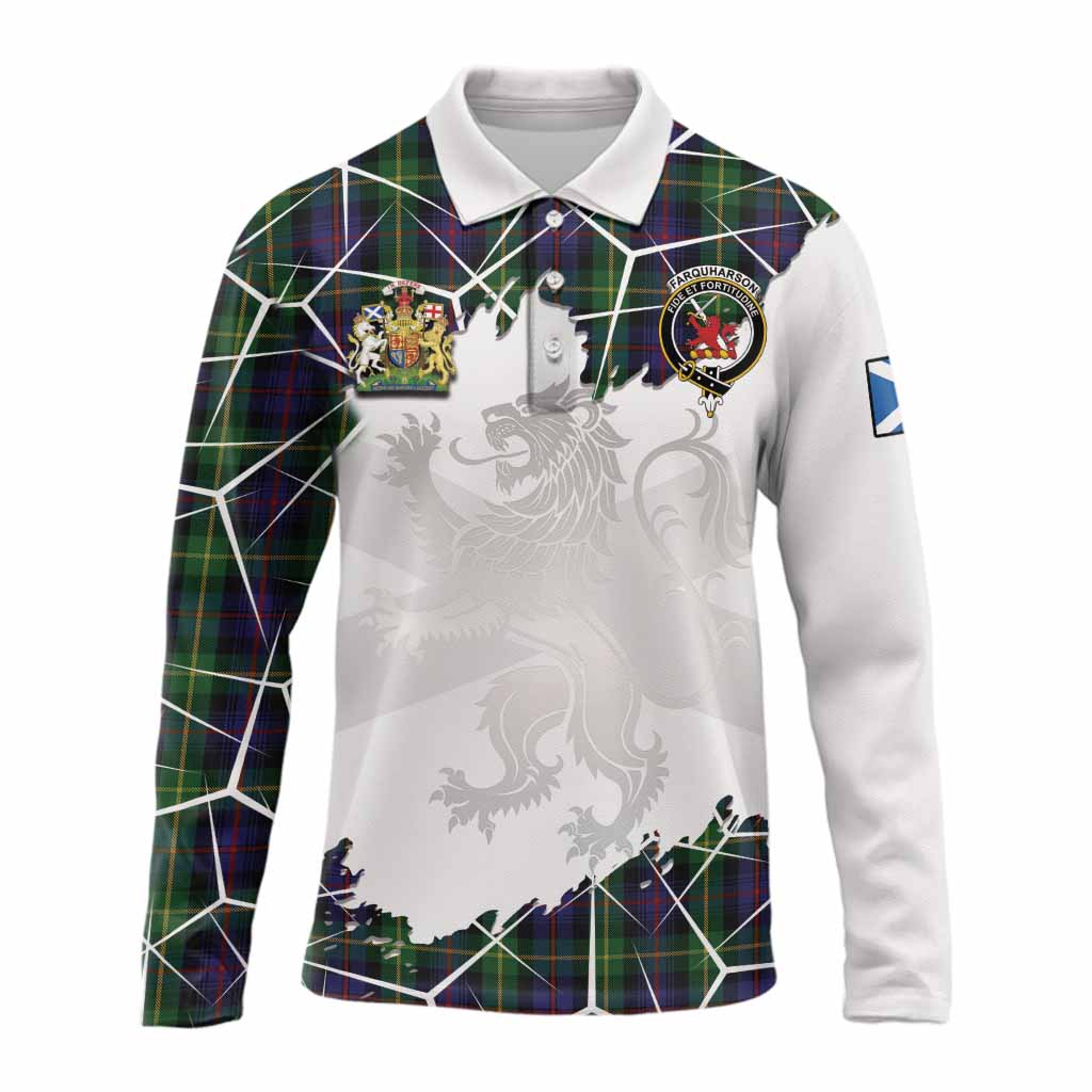 Farquharson Tartan Long Sleeve Polo Shirt with Family Crest and Lion Rampant Grunge Style