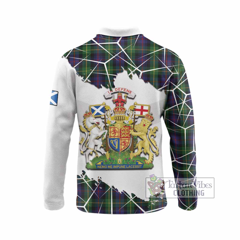Farquharson Tartan Long Sleeve Polo Shirt with Family Crest and Lion Rampant Grunge Style