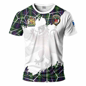 Farquharson Tartan T-Shirt with Family Crest and Lion Rampant Grunge Style