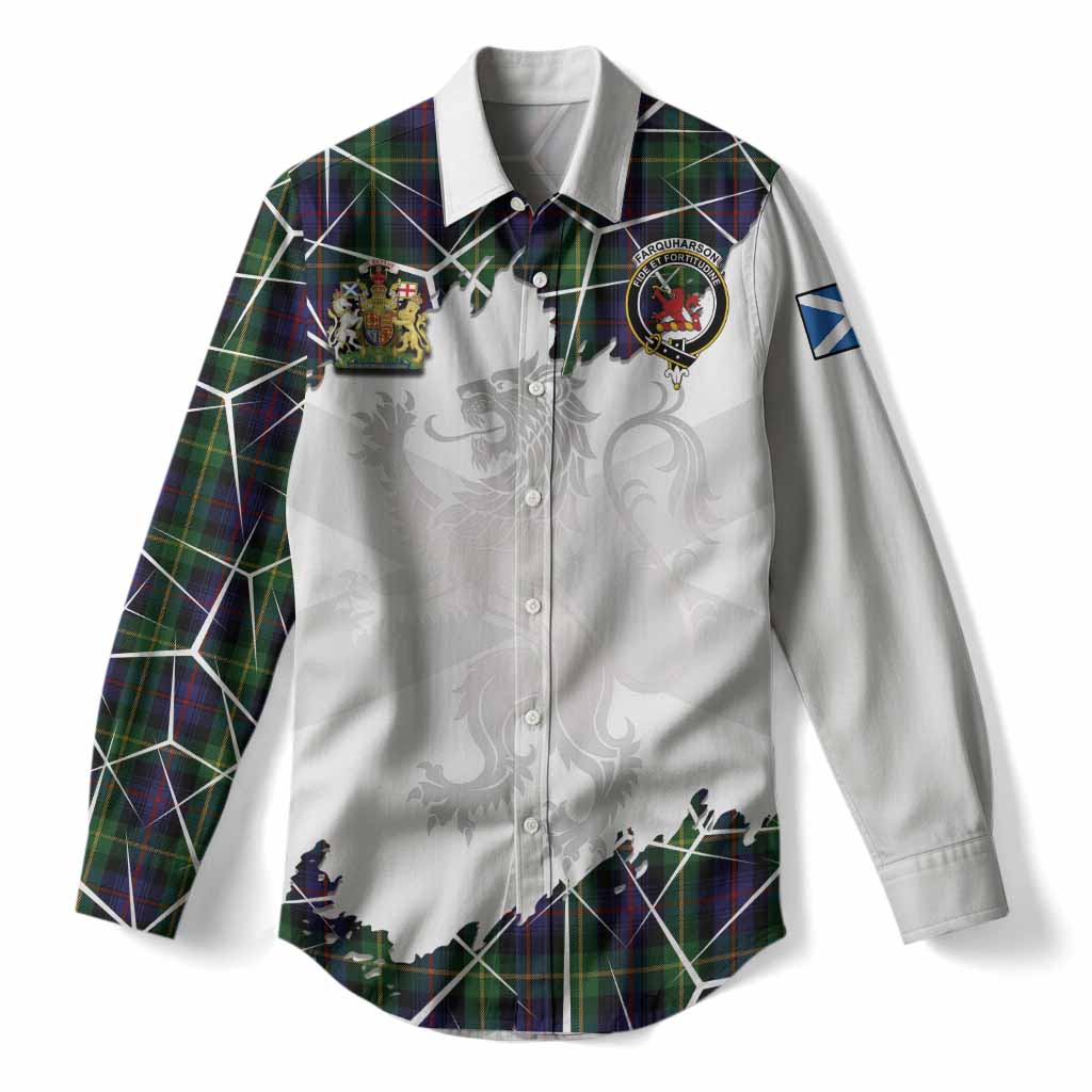 Farquharson Tartan Women Casual Shirt with Family Crest and Lion Rampant Grunge Style