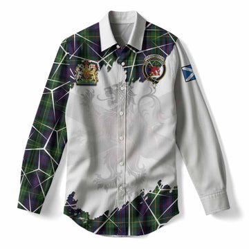 Farquharson Tartan Women Casual Shirt with Family Crest and Lion Rampant Grunge Style