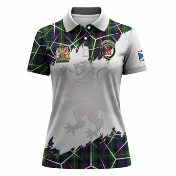 Farquharson Tartan Women Polo Shirt with Family Crest and Lion Rampant Grunge Style