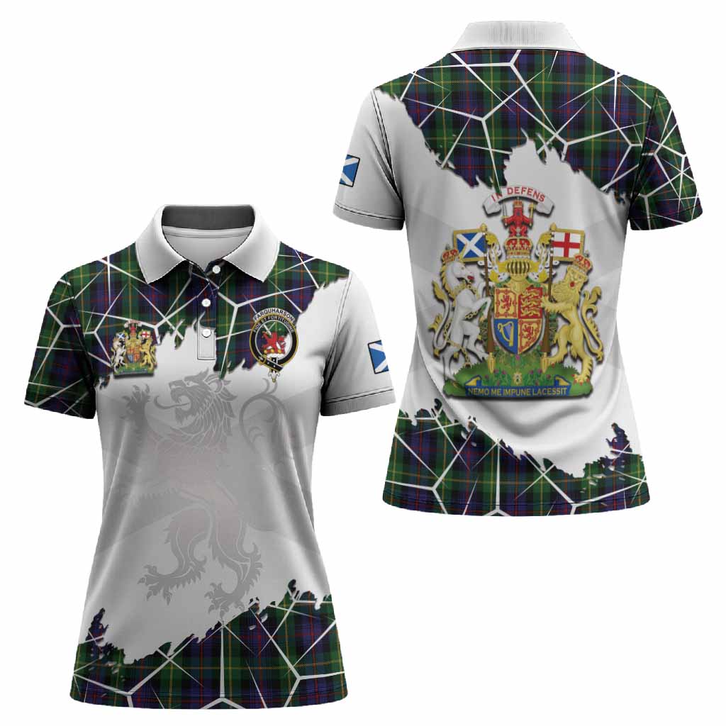 Farquharson Tartan Women Polo Shirt with Family Crest and Lion Rampant Grunge Style