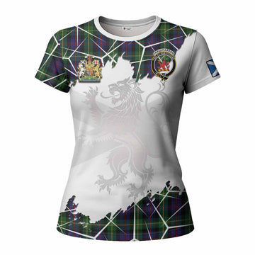 Farquharson Tartan Women T shirt with Family Crest and Lion Rampant Grunge Style