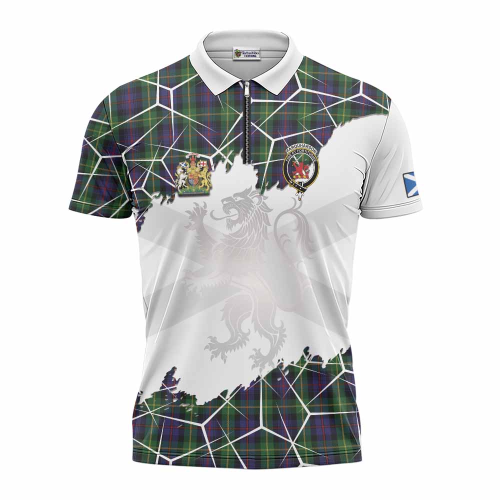 Farquharson Tartan Zipper Polo Shirt with Family Crest and Lion Rampant Grunge Style