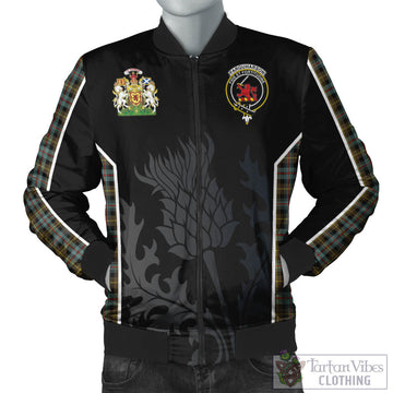 Farquharson Weathered Tartan Bomber Jacket with Family Crest and Scottish Thistle Vibes Sport Style