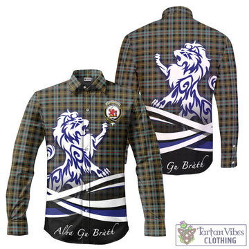 Farquharson Weathered Tartan Long Sleeve Button Up Shirt with Alba Gu Brath Regal Lion Emblem