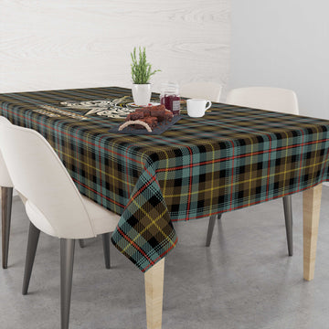 Farquharson Weathered Tartan Tablecloth with Clan Crest and the Golden Sword of Courageous Legacy