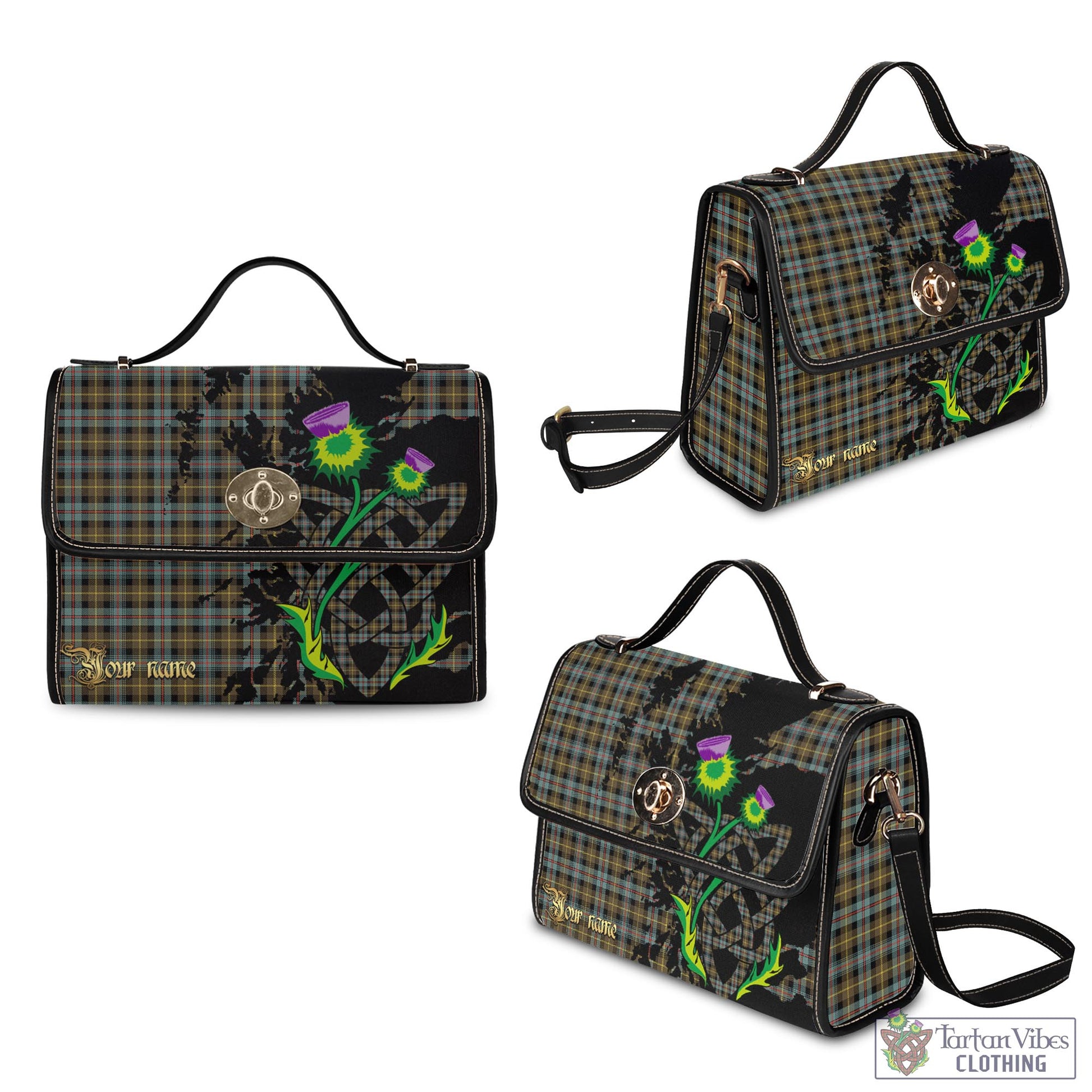 Tartan Vibes Clothing Farquharson Weathered Tartan Waterproof Canvas Bag with Scotland Map and Thistle Celtic Accents