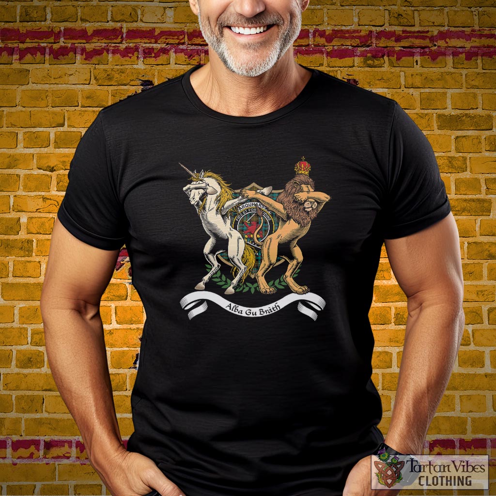 Tartan Vibes Clothing Farquharson Weathered Family Crest Cotton Men's T-Shirt with Scotland Royal Coat Of Arm Funny Style