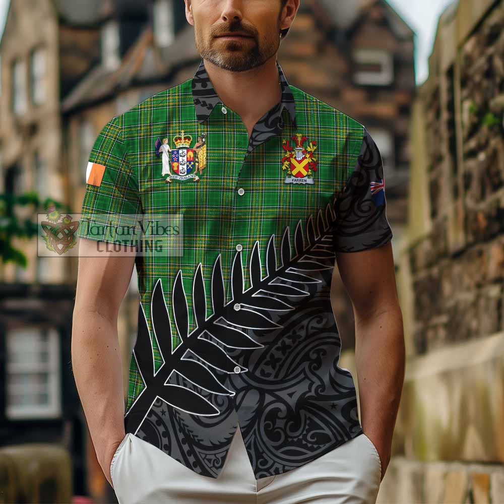 Tartan Vibes Clothing Farren Irish Clan Tartan Short Sleeve Button Shirt with Coat of Arms New Zealand Silver Fern Half Style