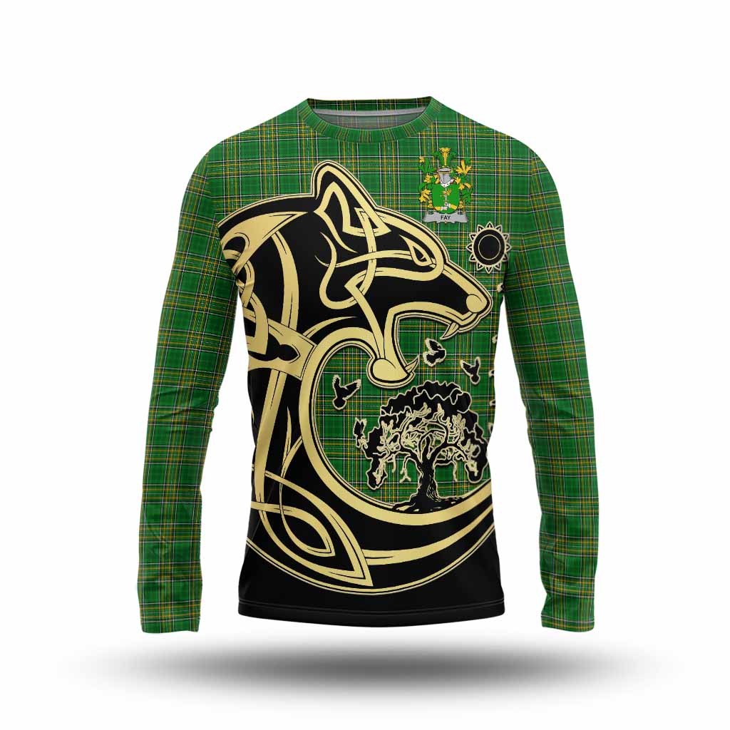 Tartan Vibes Clothing Fay Irish Tartan Long Sleeve T-Shirt with Coat of Arms Celtic Wolf Style