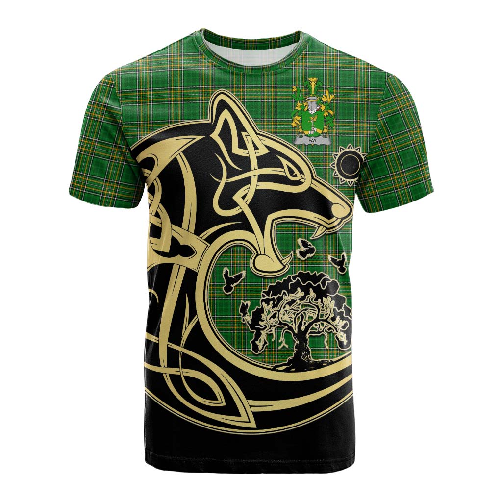 Tartan Vibes Clothing Fay Irish Tartan Cotton T-shirt with Coat of Arms Celtic Wolf Style