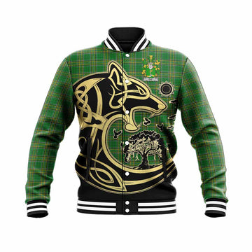 Tartan Vibes Clothing Fay Irish Tartan Baseball Jacket with Coat of Arms Celtic Wolf Style
