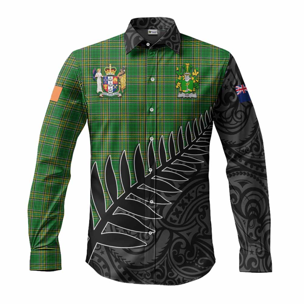 Tartan Vibes Clothing Fay Irish Clan Tartan Long Sleeve Button Shirt with Coat of Arms New Zealand Silver Fern Half Style